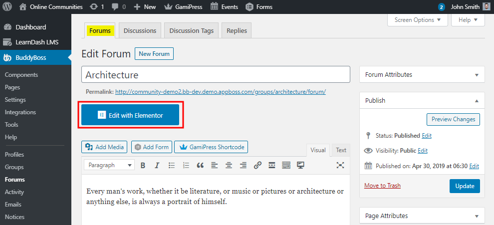 Edit with Elementor button on the Edit Forum page for BuddyBoss Platform
