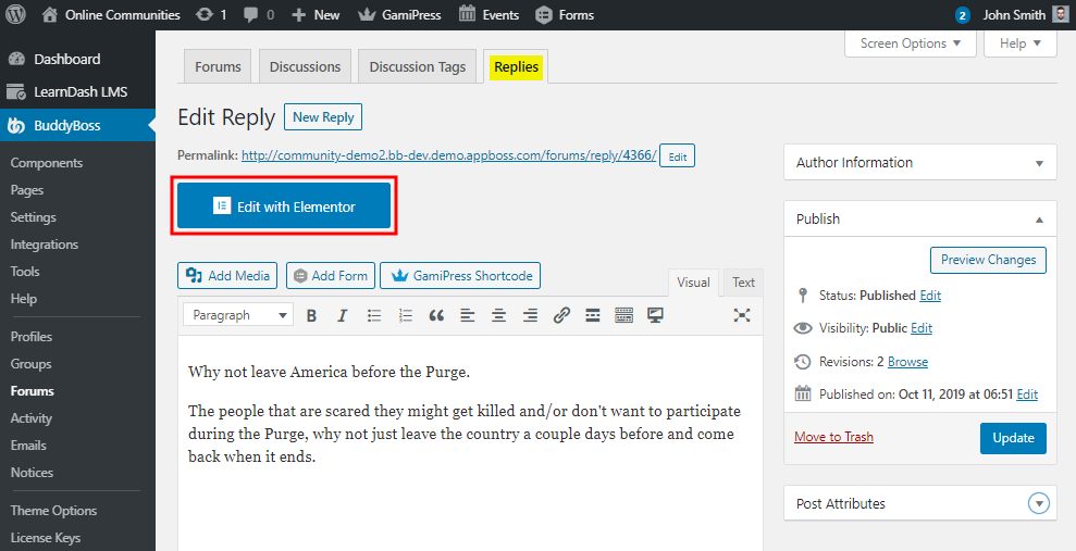 Edit with Elementor button on the Edit Reply page for BuddyBoss Platform