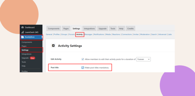 This screenhot shows where you can set if you will require users to use post titles when creating activity posts.